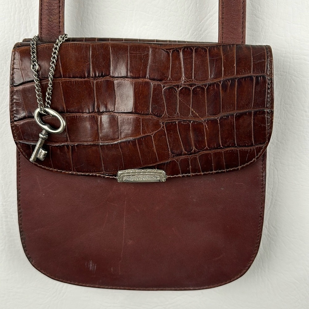 Vintage Fossil Croc Printed Small Leather Crossbody Bag